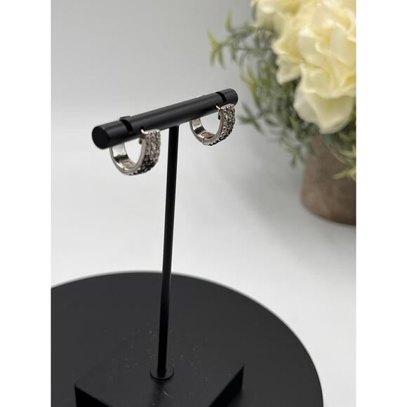 Sterling Silver Designer Signed Huggie Hoops Black and Clear CZ Earrings - Picture 3 of 9